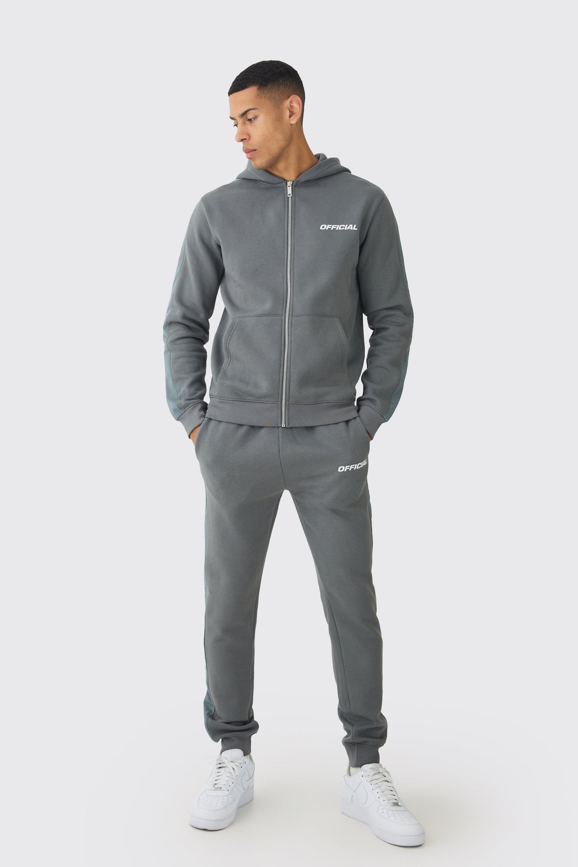 Mens Grey Slim Fit Official Zip Through Mesh Panelled Hooded Tracksuit, Grey